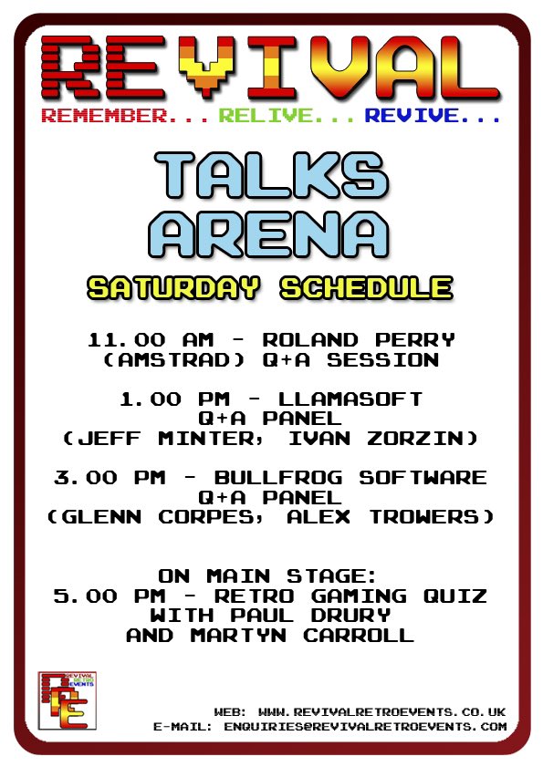 Guest talks and weekend stage competition schedules for REVIVAL: Game Not Over 2024 on 8-9 June in Wolverhampton. Still time to grab tickets: tinyurl.com/REVIVAL2024 #RRE #retrogames @TheRetroAsylum #arcade