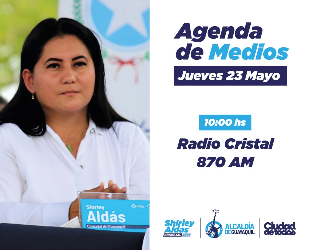 Acompañame en vivo en nuestra Agenda de Medios para este Jueves 23 de Mayo:

⏰ 10:00 Hs.
🎙 Radio Cristal
📻 870 AM

#MunicipiodeGuayaquil #AlcaldiaGuayaquil #GuayaquilDeTodos #ShirleyAldasConcejal #AgendaMedios