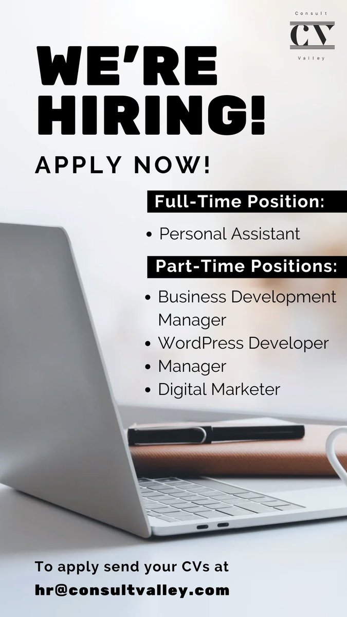 Are you looking for new job opportunities?  We're hiring!  To apply share your resume on hr@consultvalley.com 

#hiring #jobs #remotejobs #fulltime #parttime #digitalmarketer #manager #personalassistant #wordpress #developer #opportunities #resume #CV #applynow #like #share