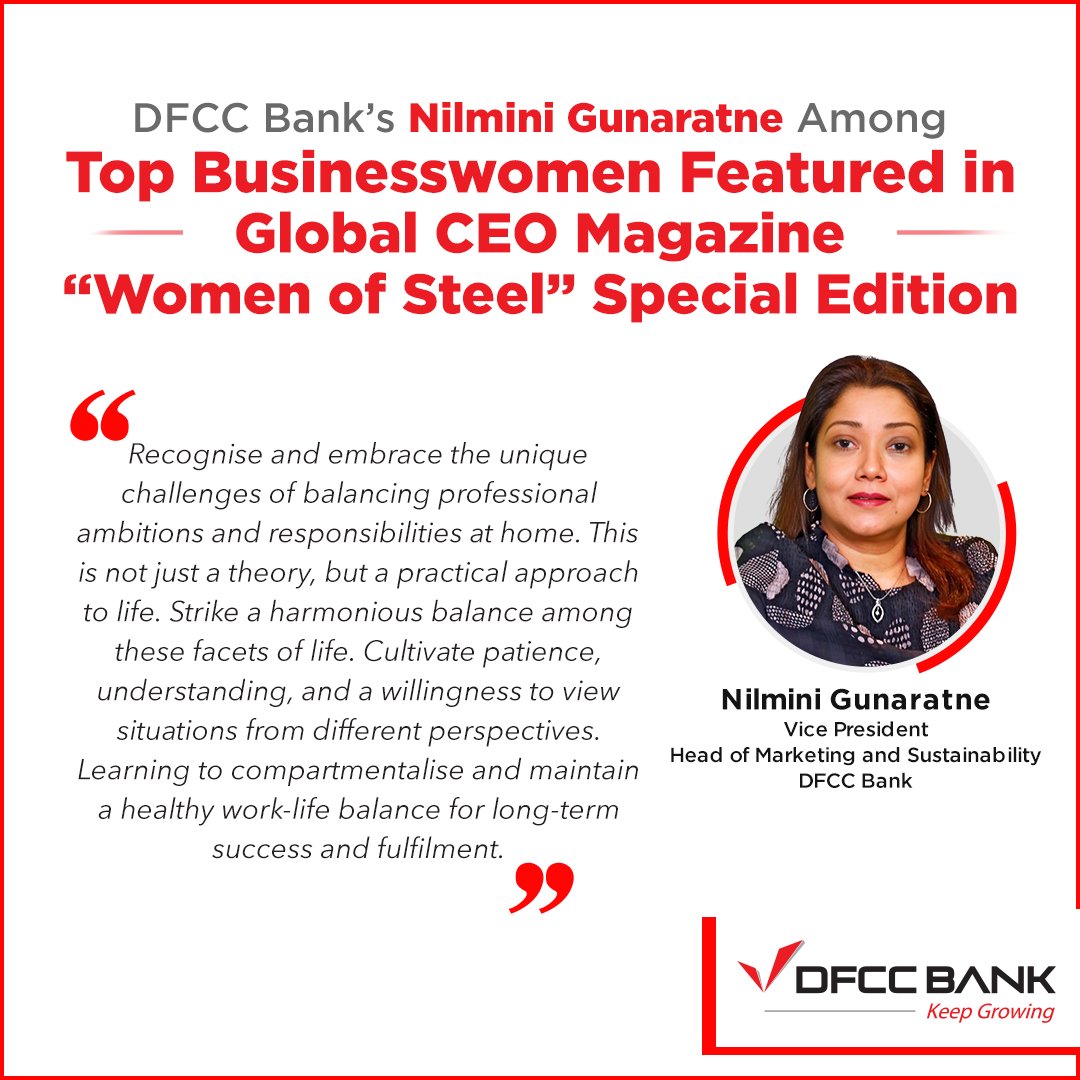 dfcclk's tweet photo. Nilmini Gunaratne, DFCC Bank’s Vice President and Head of Marketing and Sustainability, was featured in the “Women of Steel” special edition of Global CEO Magazine.
https://t.co/8EozaIH09L
#DFCCBank #BankForEveryone #KeepGrowing #GlobalCEOMagazine https://t.co/qfz9ZRREBz