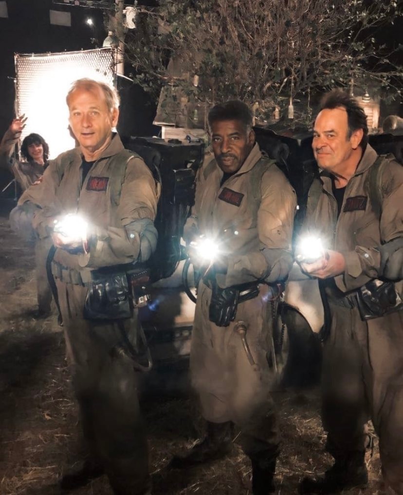 Bill Murray, Ernie Hudson, Dan Aykroyd, and Finn Wolfhard on the set of Ghostbusters: Afterlife.