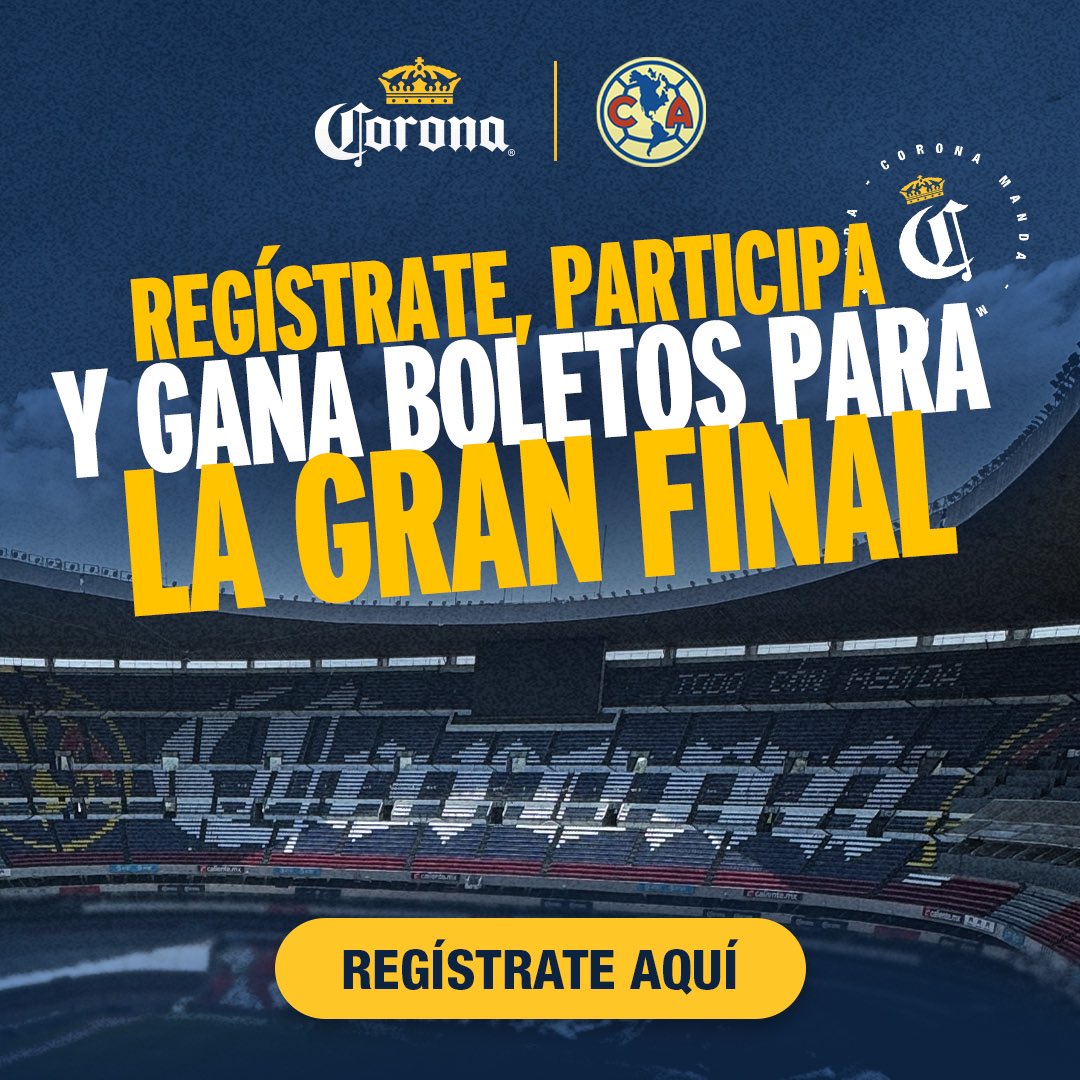 ¿Quieres ver a las Águilas ganar la 1️⃣5️⃣ y la 3️⃣ con nosotros? Corona y el @ClubAmerica te invitamos a participar para ganar boletos para la Gran Final femenil y varonil en el Estadio Azteca 🦅 Regístrate en nuestro sitio web 🌐 rb.gy/huznyv ¡Mucha suerte!