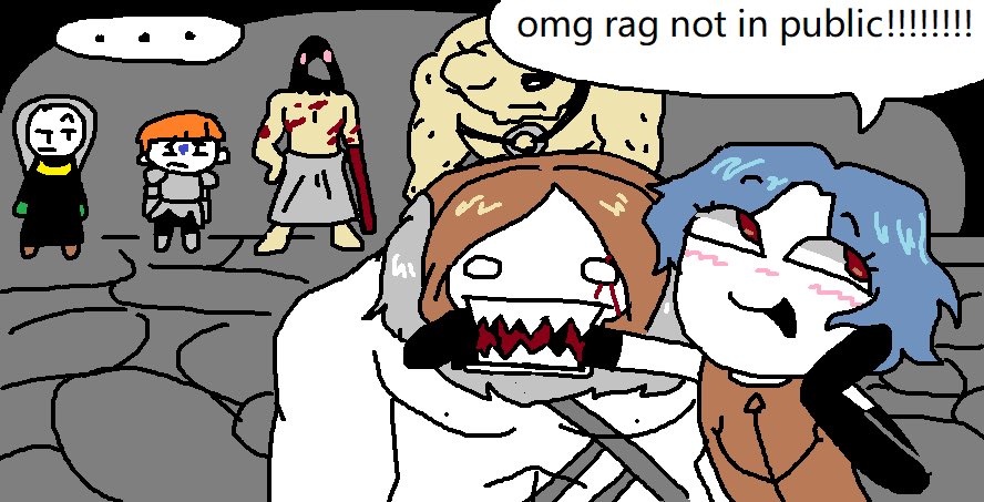 new request 19: 'ragnvaldr taking a bit out of Cahara's arm and caharas like nooo not in public omg!! and the rest of the group stares at them in absolute homophobic disgust'