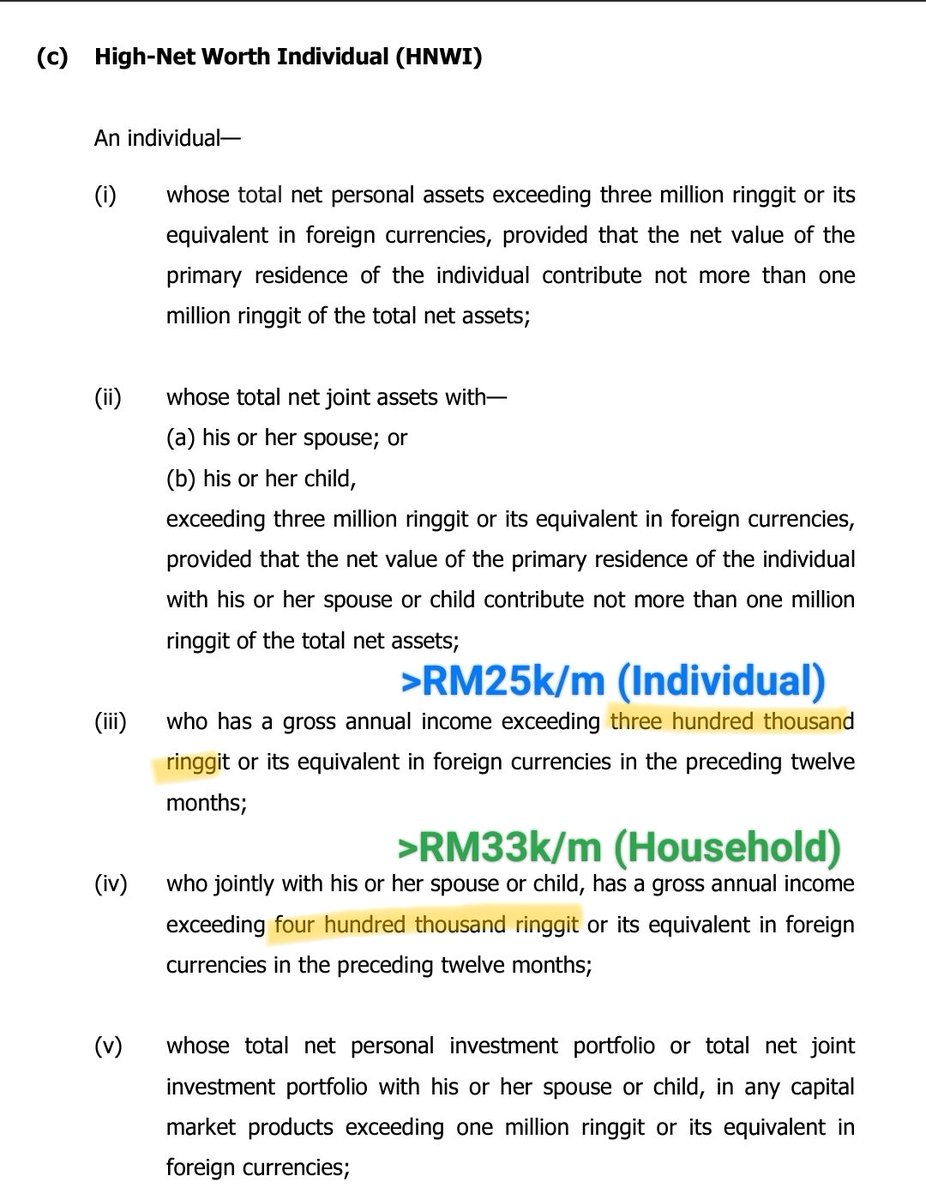 B75 - <RM10k household income in KL should be low income

M20 < RM20k

Higher Middle Income <RM25k

HNWI Individual (>RM25k/m)

HNWI Household (>RM33k/m)

T1 > RM37k

T0.1 (?) MahaKaya - UHNWI (net worth RM140juta)

Middle income household RM10k-RM20k shouldn't be lumpsum w HNWI+