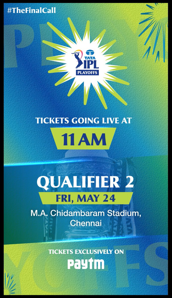 Want to see who makes it to the Final from the best seat in the house ? 😄

🥁 Experience the #TATAIPL 2024 #Qualifier2 LIVE from the stands 🥳

🎟️ Tickets going LIVE at 11 AM IST!

Tickets can be purchased from IPLT20.COM, Paytm App, Paytm Insider App and
