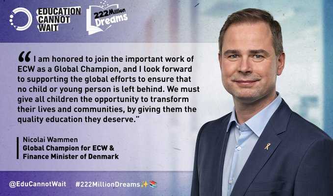 📣Meet New #ECW Global Champion @NWammen! 'I'm honored to join the important work of @EduCannotWait as a🌎Champion & look forward to support global efforts to ensure that no child or young person is left behind.' 👉educationcannotwait.org/news-stories/p… @UN @Denmark_UN #222MillionDreams✨📚
