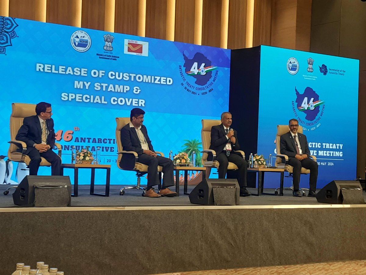The specially designed MyStamp unveiled by Dr M. Ravichandran, Secretary, @moesgoi; Shri Sayeed Rashid, Postmaster General, Central Region, Kochi in the presence of Dr.@Vijay_MoES,@moesgoi; Dr. @TMeloth, Director, NCPOR & Dr. Rahul Mohan to commemorate the #ATCM46 - #CEP26 event.