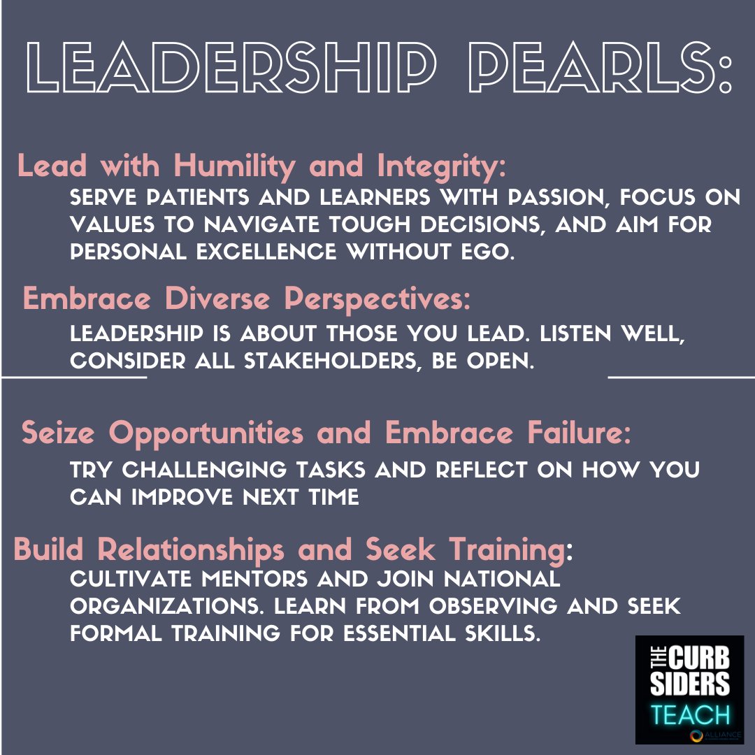 CurbsidersTeach's tweet photo. Pearls from this week: listen to the full episode wherever you stream your podcasts.
#HumilityinLeadership #excellenceWithoutEgo #EmbraceFailure #MedicalMentorship #LeadershipDevelopment #LeadershipStories #AIMW24 https://t.co/JyTtNQG6Yu