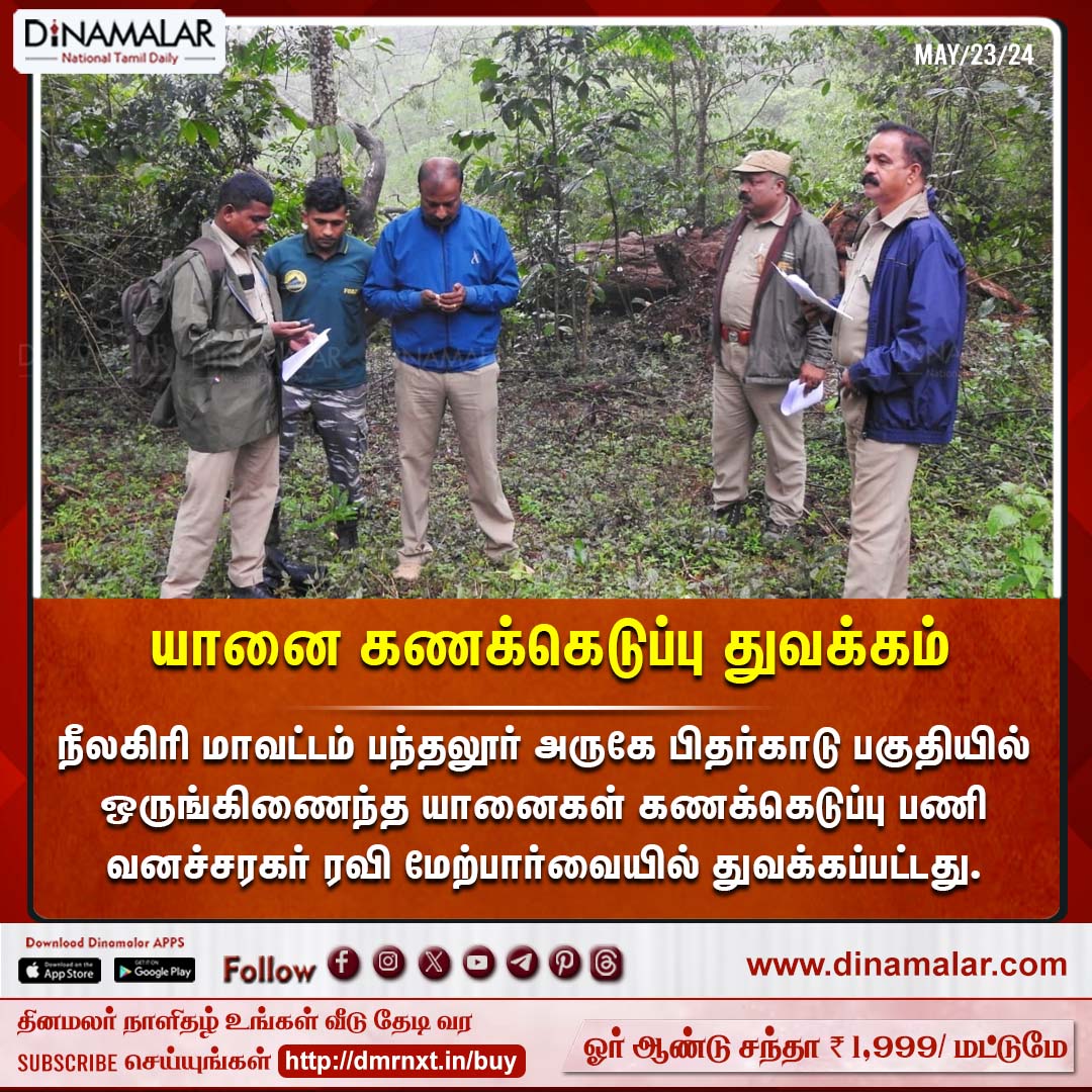 யானை கணக்கெடுப்பு துவக்கம்
#elephants  | #ElephantCounting | #TNForest
dinamalar.com