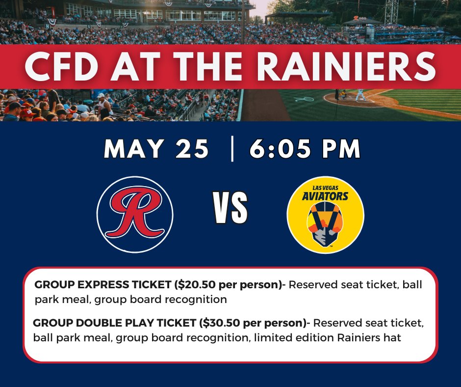 Looking for some fun this Saturday?! Come watch the Rainiers take on the Aviators! A portion of the special promotion tickets will go into supporting the CFD and our member charities⚾

Contact Chris Aubertin to get your tickets today:
 (253) 761-5631
CAUBERTIN@WERTACOMA.COM