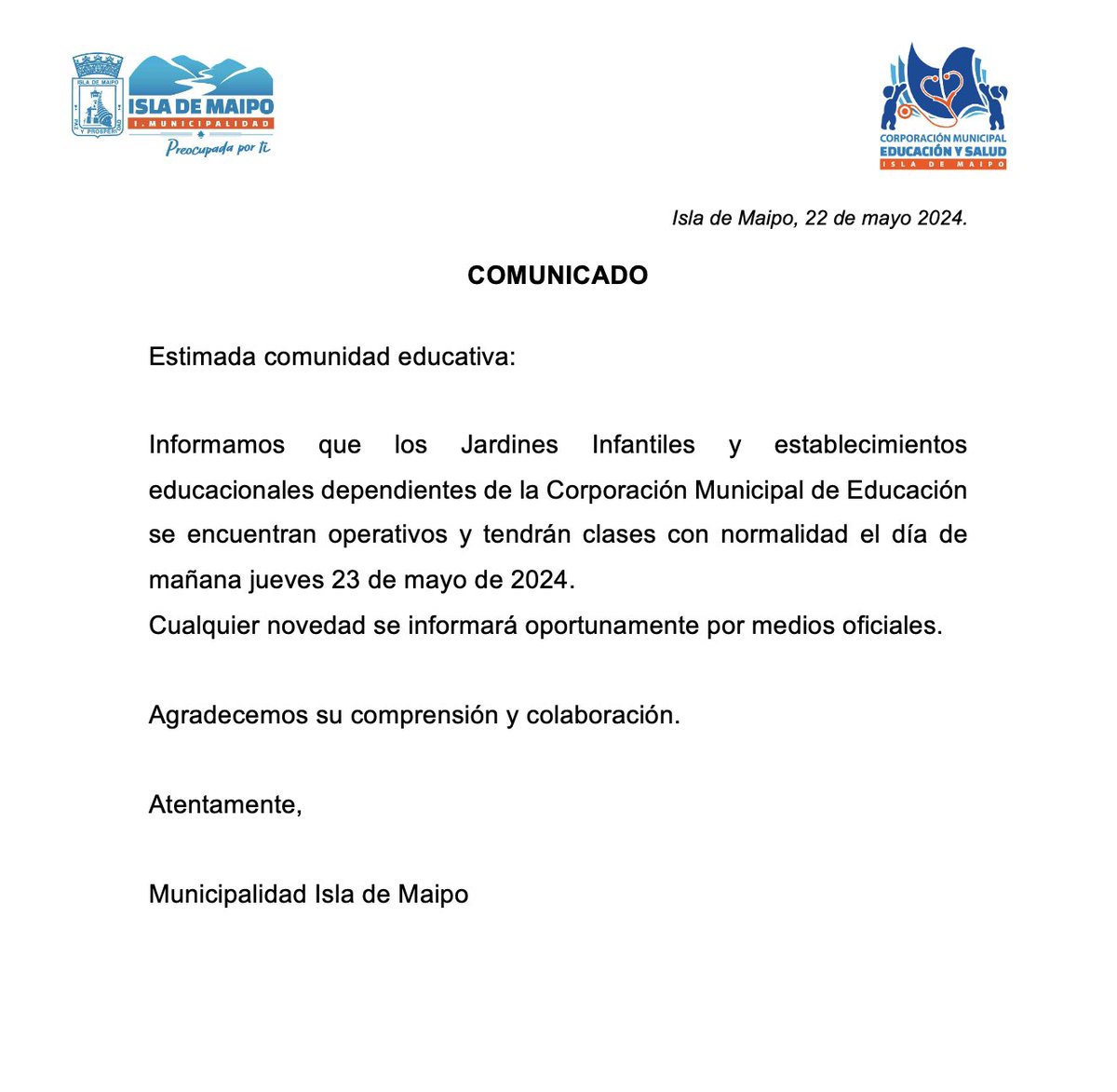 🔹Comunicado Municipalidad de Isla de Maipo en relación a las clases del día de mañana jueves 23 de mayo 2024.
