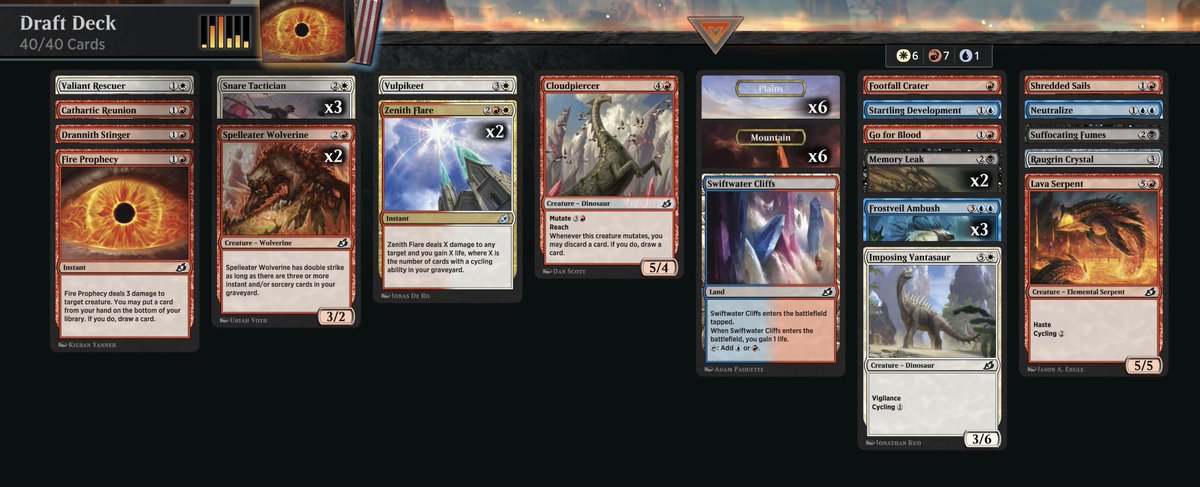 TheMTGLawyer's tweet photo. This was fun but this deck shouldn't happen. Please don't pass Zenith Flares P7. Please speculate more on the one mana cyclers. It is no fun to play against these decks and the format is much better when they're contested and you don't face unbeatable RW. @limiteddecks @fireshoes https://t.co/ZwH6ohyuzH