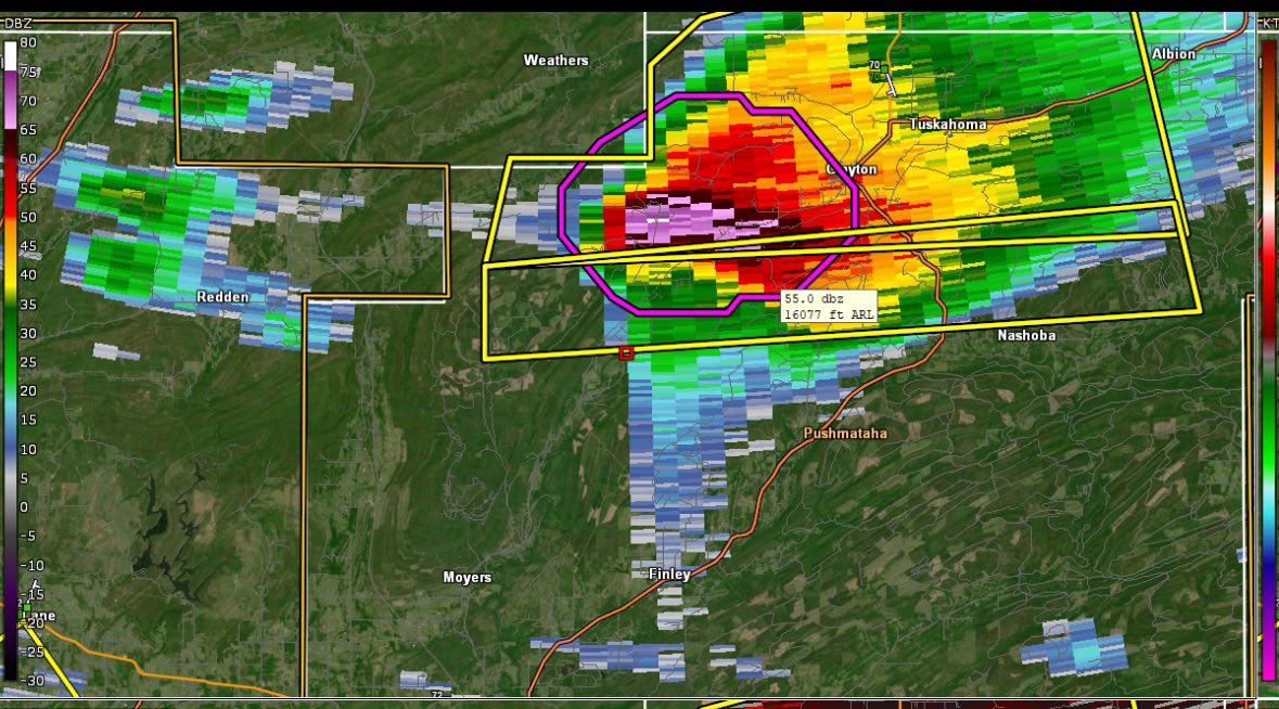 Today @imnotycobb and @DerekHodgesWx showed me a great example of horizontal sidelobe contamination… (and a triple body scatter spike). Likely very large hail.