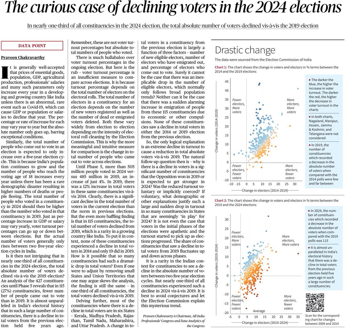 Column that caught my eye: Very alarming: in nearly one third of Lok Sabha constituencies in the country until phase 5, there is a DECLINE in TOTAL number of eligible voters. This has never happened before between a five year cycle to such an extent in recent elections . What