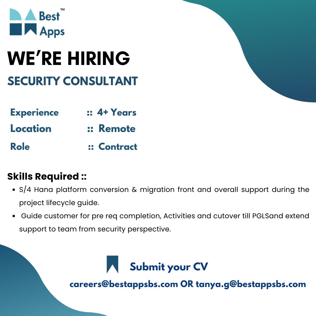Best Apps Business Solutions Pvt Ltd™ is hiring Security Consultant 

Share with us your updated CV at
careers@bestappsbs.com / tanya.g@bestappsbs.com

#recruitment #programming #jobseekers #techjobs #jobvacancy #jobopportunity #technolog #developer #sapconsultant