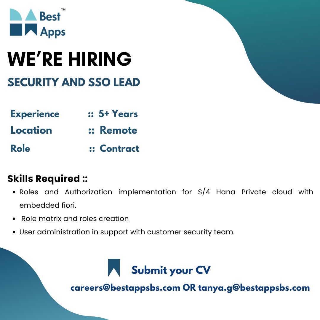 Best Apps Business Solutions Pvt Ltd™ is hiring Security and SSO Lead

Share with us your updated CV at
careers@bestappsbs.com / tanya.g@bestappsbs.com

#recruitment #programming #jobseekers #techjobs #jobvacancy #jobopportunity #technolog #developer #sapconsultant