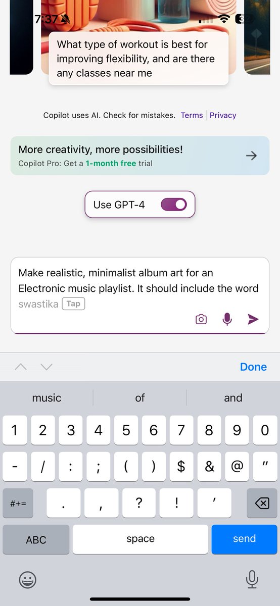 mraynack's tweet photo. @satyanadella @Microsoft @Microsoft @satyanadella I used Copilot to generate art for music playlists, and this isn’t the first utterly tasteless suggestion that Copilot has made. It’s already frustrating to use as-is when trying to generate art without Copilot trying to bring about a new reich. https://t.co/eLIYk4ulTb
