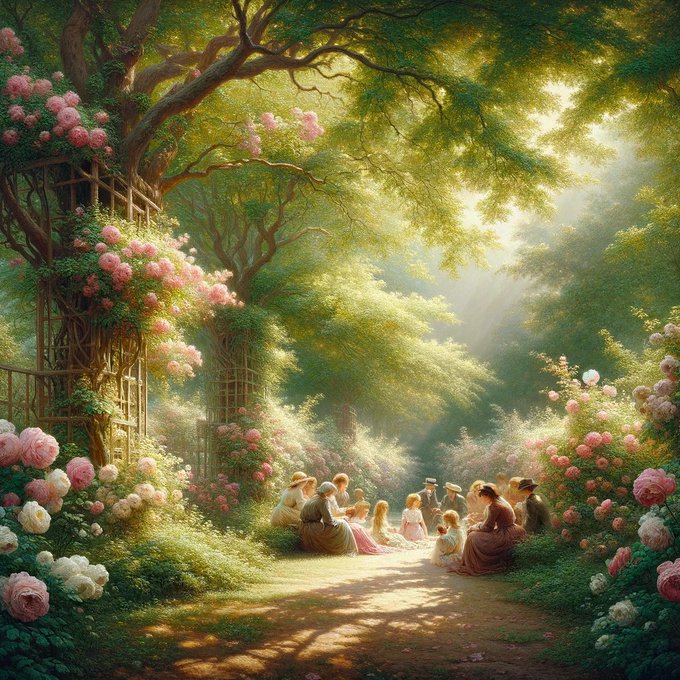 MeDashGloom's tweet photo. A Moment Suspended in Time: Under the tranquil embrace of rose bushes, a family shares the simple joys of a sun-drenched afternoon  
@jurylady5
#Art #Tranquility #SimpleJoys https://t.co/bukNk6ZeGX