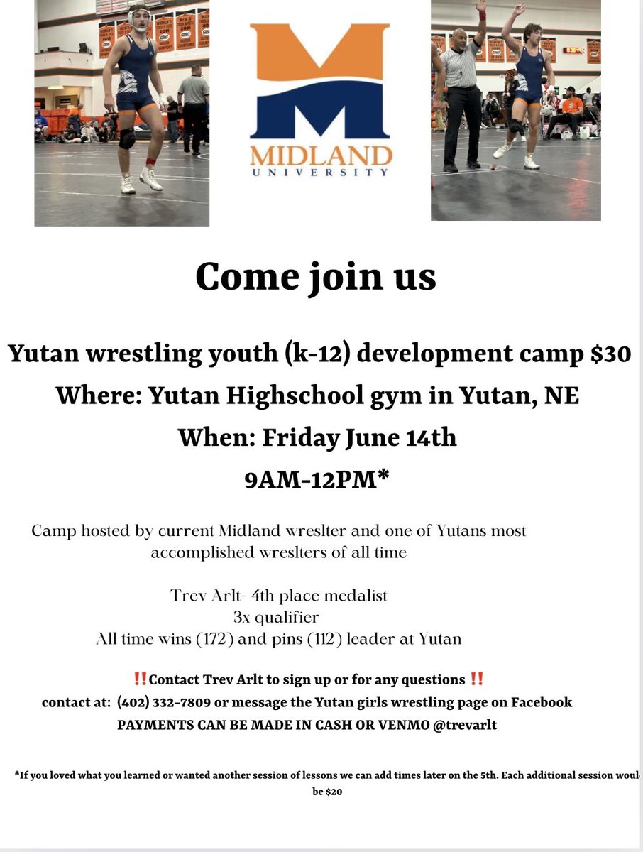 COME JOIN US, for a great opportunity for young wrestlers to learn effective moves from Yutan alum, Trev Arlt. 

Trev has spent the past year wrestling for Midland College and he wants a chance to pass on that knowledge to youth wrestlers! 

See contact and event info below ⬇️