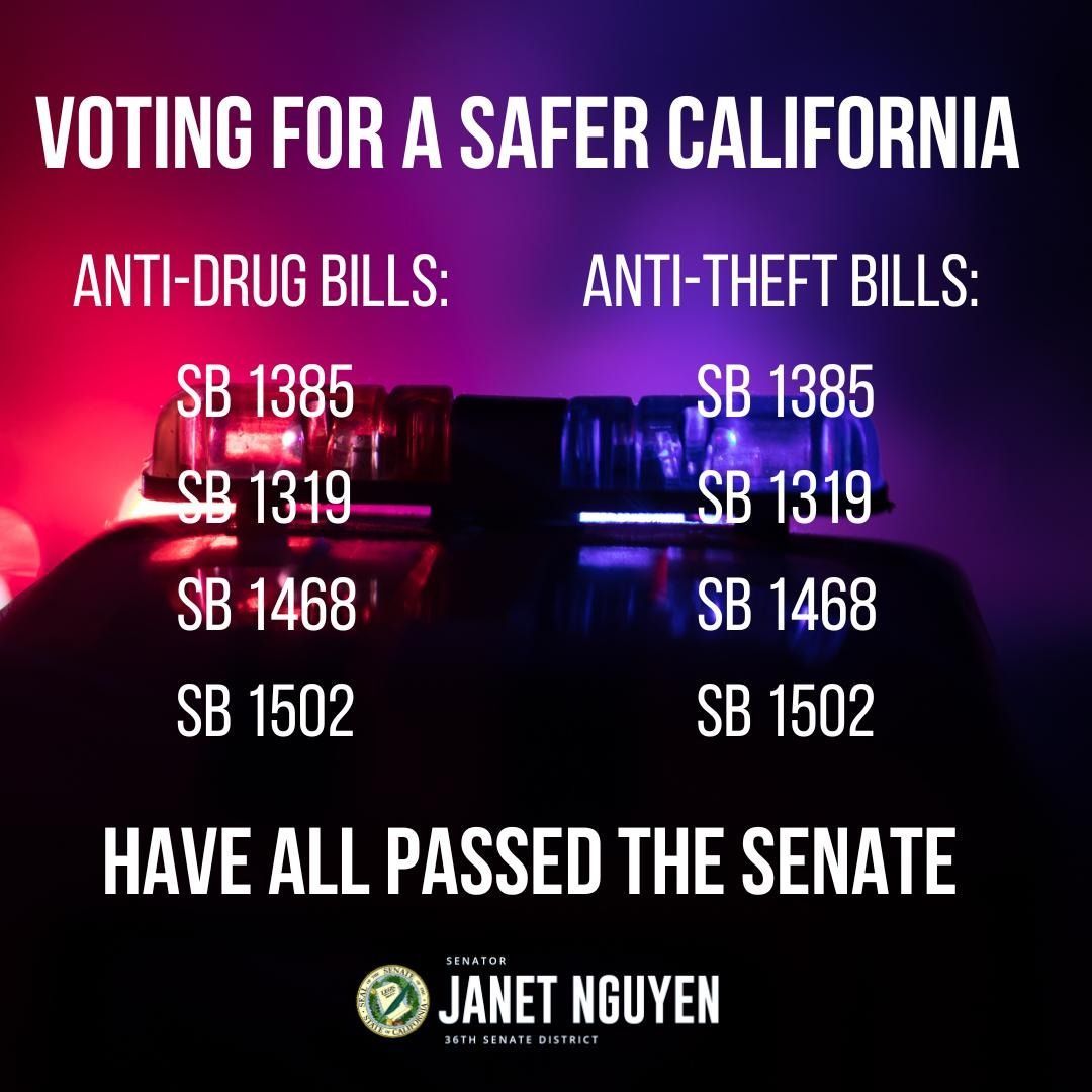 A productive week so far in the Senate: Eight bills passed that I supported to fix California. Thefts and the fentanyl crisis contribute to our high crime rate. #SD36