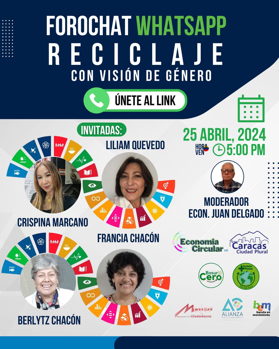 ForoChat Red #EconomíaCircular y Ambiente
#ODS #Caracas2030

El #25Abr presentó:
Reciclaje con visión de género

Invitadas:
Crispina Marcano, Liliam Quevedo, Francia Chacón y Berlytz Chacón

Presentación:
Econ. Juan Delgado

Enlace:
caracasciudadplural.blogspot.com/2024/04/recicl…

@MujerCiudadania