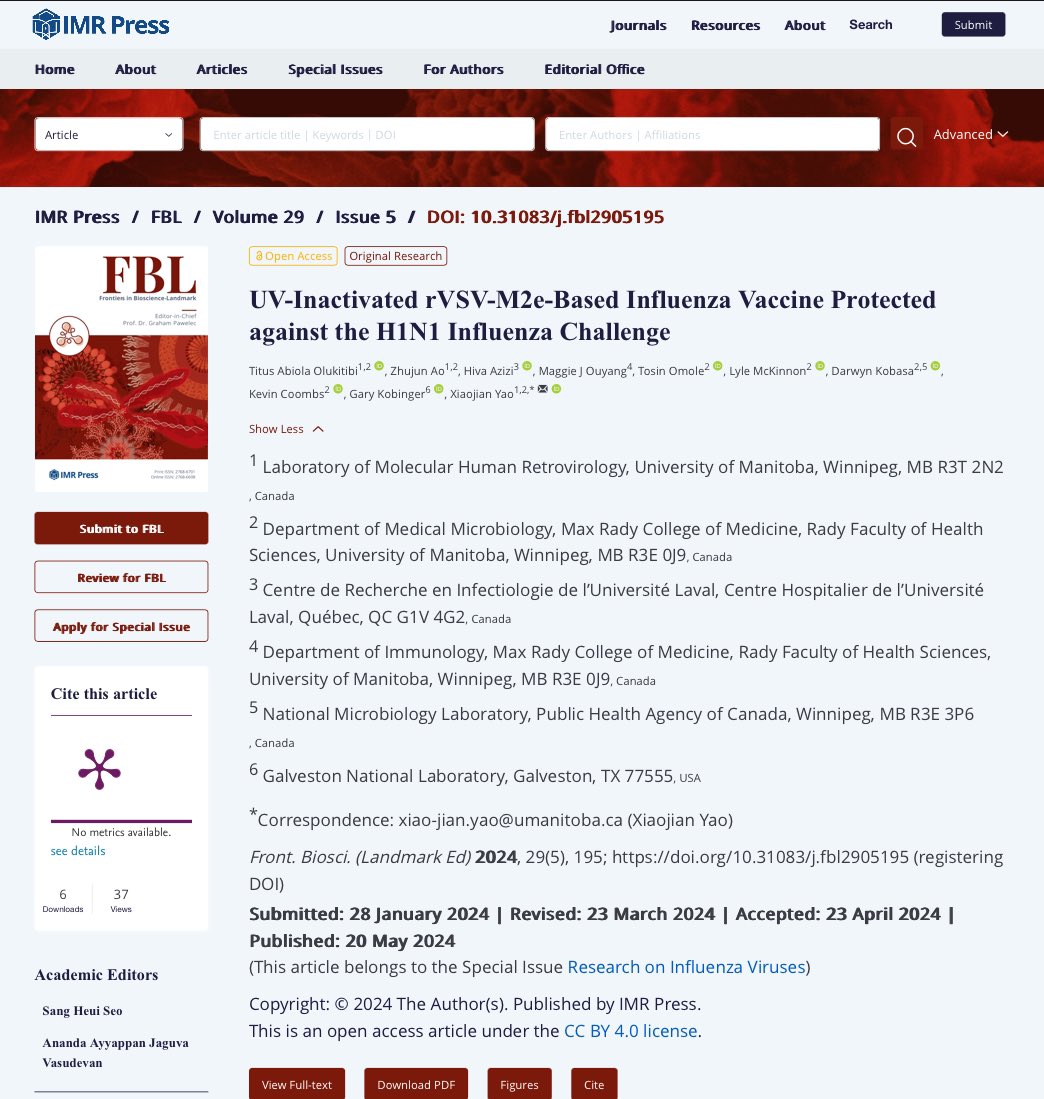 Xiaojian Yao's Lab (@uom_yaoslab1) on Twitter photo Glad to publish our UV-inactivated VSV- M2e-based influenza vaccine work. Great job by <a href="/Jesusloveth/">Titus Olukitibi</a> for the great job. imrpress.com/journal/FBL/29β¦ Glad to publish our UV-inactivated VSV- M2e-based influenza vaccine work. Great job by <a href="/Jesusloveth/">Titus Olukitibi</a> for the great job. imrpress.com/journal/FBL/29β¦