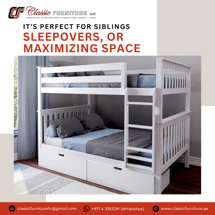 Transform your bedroom with our sibling bed, a masterpiece from Classic Furniture. This space-maximizing design offers comfort and style for shared rooms. 
Visit us at classicfurniture.ae
.
.
#classicfurniture #siblingbed #interiordesign #homedecor #stylishliving #modernhome
