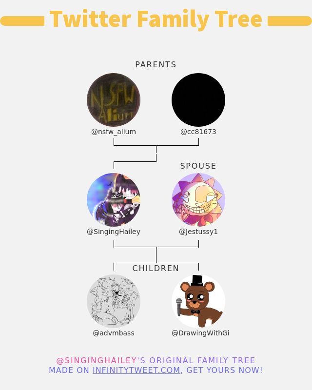 👨‍👩‍👧‍👦 My Twitter Family:
👫 Parents: <a href="/nsfw_alium/">NSFWAlium</a> <a href="/cc81673/">pls add new account @splnkey87</a>
👰 Spouse: <a href="/Jestussy1/">🌈🖍🌜🔞Jestussy🔞🌞🖍🌈</a>
👶 Children: @advmbass <a href="/DrawingWithGi/">✨Gigi!✨</a>

➡️ infinityweet.me/family-tree