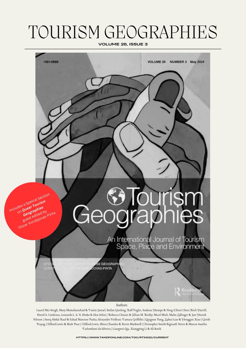 Tourism Geographies has just published Volume 26, Issue 3, 2024. tandfonline.com/toc/rtxg20/cur… This Issue includes a special section on Queer Tourism Geographies.