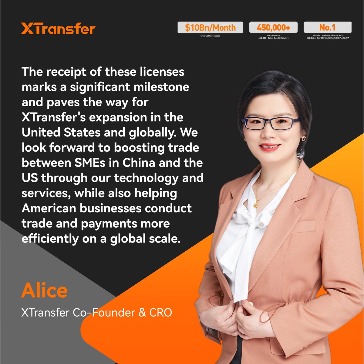 XTransferGlobal's tweet photo. 👏👏We are excited to announce  that #XTransfer secures 3 more Payment Licenses in the #UnitedStates 🇺🇸
“This means we can support secure, compliant, fast, and cost-effective #crossborder #paymentsolutions for local customers. " 

#trade #SMEs #GlobalPayments #SecureTransactions https://t.co/ULdm8VE19b