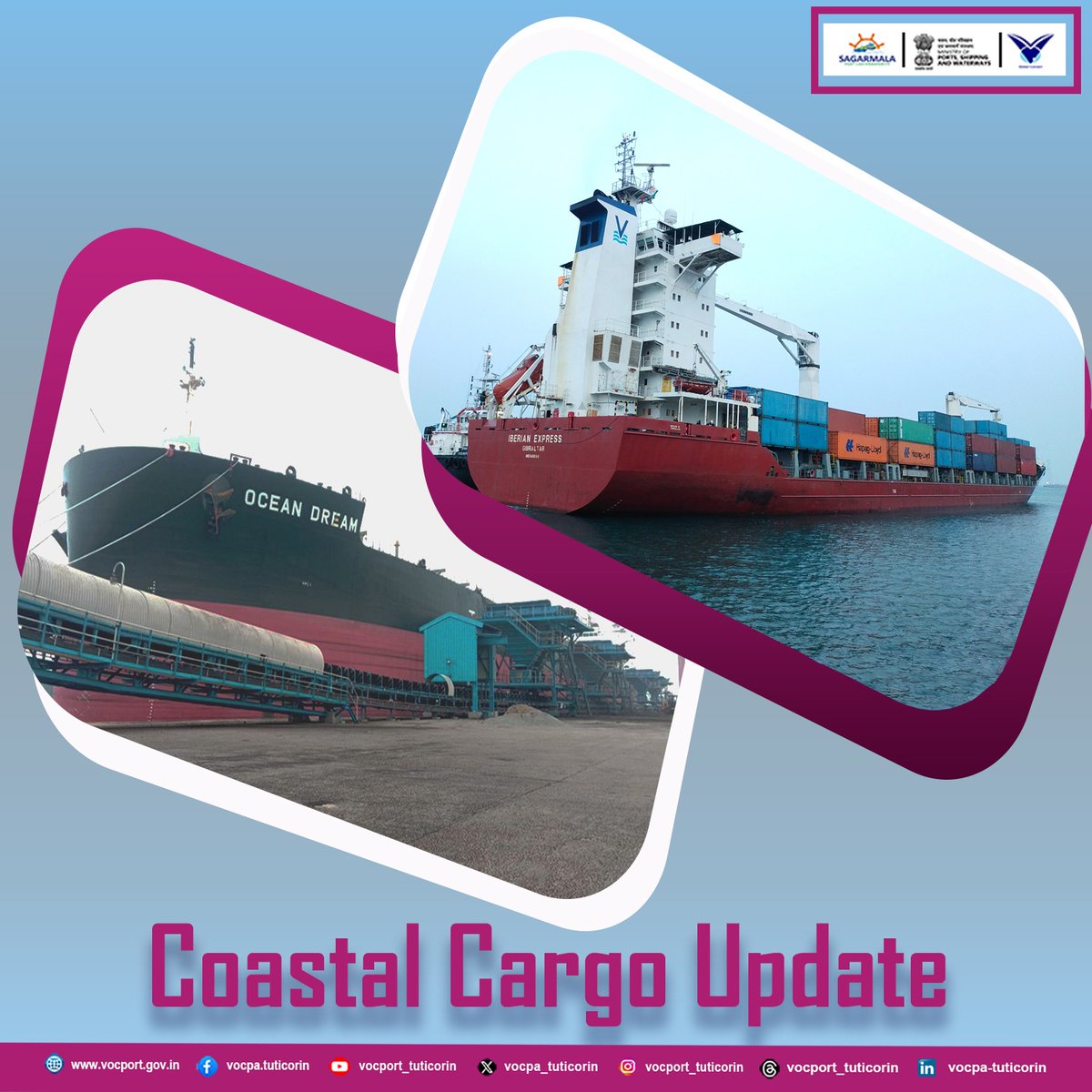 Port has handled 1.10 Million Metric Tonnes of Coastal cargo in the month of April 2024. The major commodities handled through coastal movement are Coal, Containers, Furnace oil, Caustic Soda Lye and Cement. VOC Port provides quick, efficient, cost-effective, and sustainable