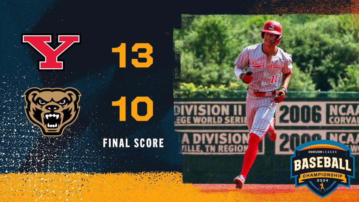 Final in #HLBASE Game Two @YSUBaseball 13, @OaklandBSB 10 #OurHorizon 🌇