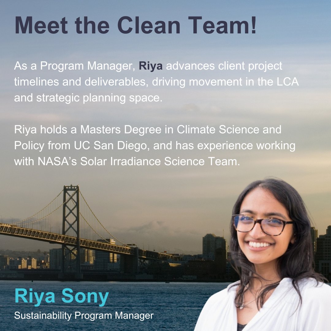 Meet our very own Riya Sony! Riya has served as our Sustainability Program Manager for over a year and a half! 

Learn more about our team and mission here: cleanagency.com/about-us

#ESG #LCA #lifecycleassessment #sustainablepackaging