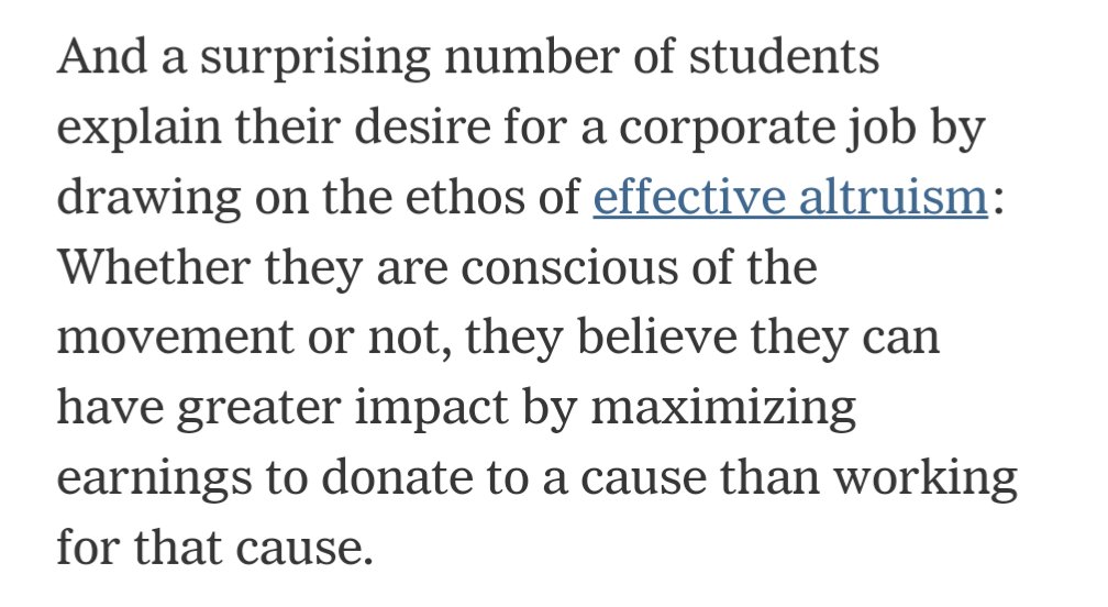 One big appeal of effective altruism on college campuses is that when students come in a avowing public-interest career intentions but end up in finance or consulting—increasingly common according to the data—it gives them a readymade, high minded way to rationalize their choice.