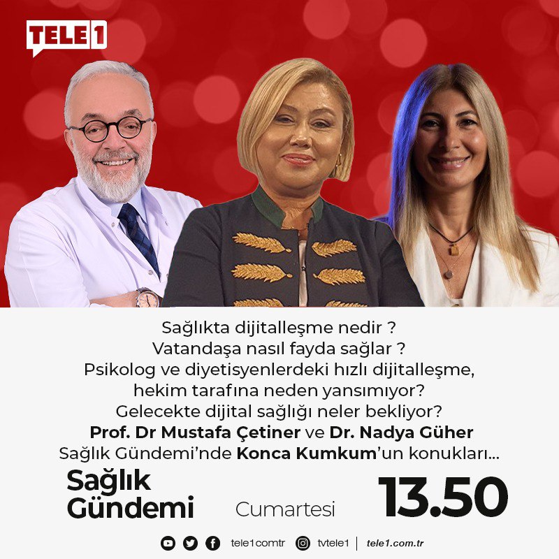 tele1comtr's tweet photo. Prof. Dr. Mustafa Çetiner ve Dr. Nadya Güher in konuk olacağı Konca Kumkum'un hazırlayıp sunduğu Sağlık Gündemi'nin konuğu...
@konca_kumkum #MustafaÇetiner #Nadya Güher
Sağlık Gündemi, cumartesi saat 13.50'de Türkiye'nin referans kanalı TELE1'de! https://t.co/e7hkEWegDD
