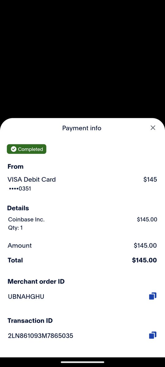 @CoinbaseSupport Yes I've had to file a dispute because I purchased goods and services that I did not receive. As you can see the $145 went through and it's completed but on your platform it said that it was not and PayPal declined it. But then when I did the $1, They went through smoothly.