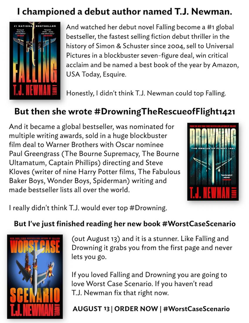 So many of you told me how much you loved #Falling and #DrowningTheRescueOfFlight1421 by @T_J_Newman. 

Her new book, #WorstCaseScenario, comes out Aug 13. It is her best book yet!

Amazon: bit.ly/4aTQFCi
B&N: bit.ly/44hP2vB
Indiebound: bit.ly/4bbupTV