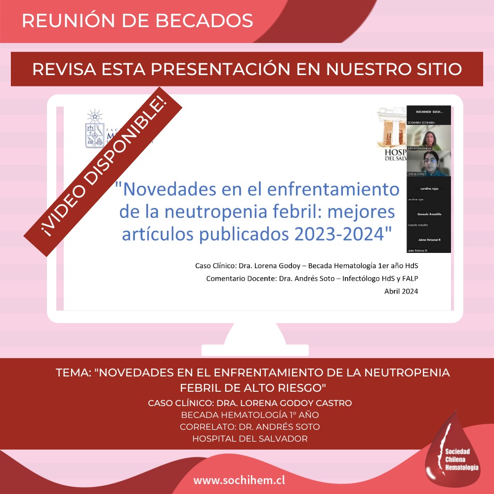 [BECADOS] VIDEO DE LA REUNIÓN DE ABRIL
Revisa la presentación de la última reunión de becados, cuyo tema fue "Novedades en el enfrentamiento de la neutropenia febril de alto riesgo", a cargo de la Dra. Lorena Godoy &gt;&gt;  sochihem.cl/site/reuniones…