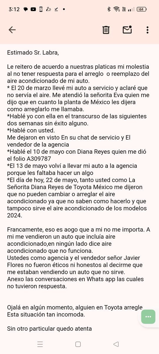 SandraGVLL's tweet photo. @ToyotaLatino Les platico que el año pasado tuve la mala idea de comprar un #Yaris.
Resulta que los aires acondicionados de los modelos 2023 y 2024 no les funciona Un algo y no saben como arreglarlo.
Si, si estoy metiendo queja En la #procuraduriadelconsumidor , esto solo es para prevenir https://t.co/rX1IjPrI4P