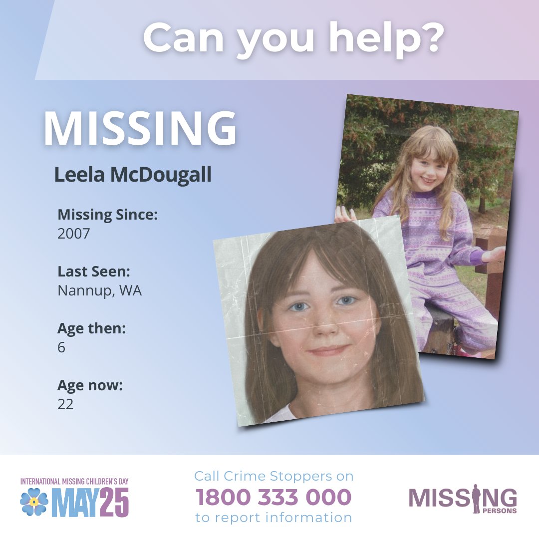 AFPNMPCC's tweet photo. Leela was 6 years old when she and her mother left their home in Nannup, WA.

If you have any information, please contact Crime stoppers on 1800 333 000.

For more information on Leela's disappearance, please visit https://t.co/F9ezvSYzO0

#IMCD2024 @WA_Police https://t.co/fxUALfTkM2