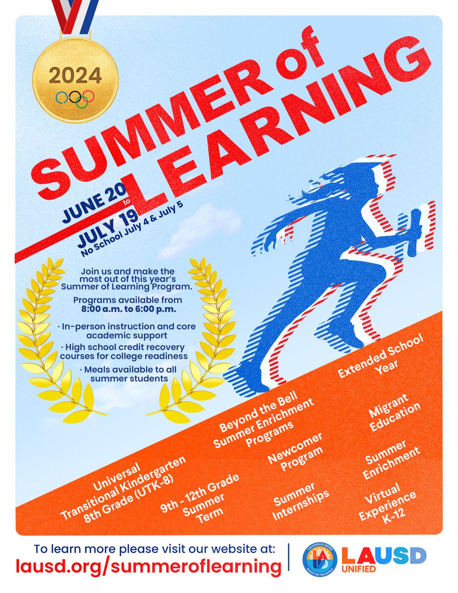 Families…#summeroflearning begins June 20. There’s plenty to do for UTK-12th students with Arts, math and Science Camps, credit recovery, internships, ⁦@BTBLA⁩ Summer Programs, plus meals will be provided. Sign up today at lausd.org/summeroflearni… #leadlikeanOlympian