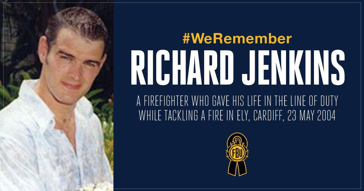 20 years to the day… #WeRemember Firefighter Richard Jenkins of South Wales F&RS, tragically taken in the line of duty on this day in 2004. Richard was one of the the first firefighters to enter a building on fire at Newgale Place Ely, Cardiff. Forever in our thoughts💔x