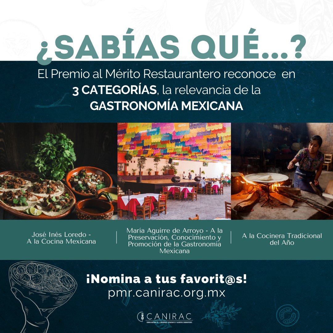 #Faltan9Días 🍴🇲🇽 Celebra la riqueza culinaria de México con nosotros ¿Conoces algún restaurante o cocinera tradicional que represente lo mejor de la gastronomía mexicana? 🏆Nomina en el #PremioAlMéritoRestaurantero a quienes enaltecen la herencia gastronómica de nuestro país.