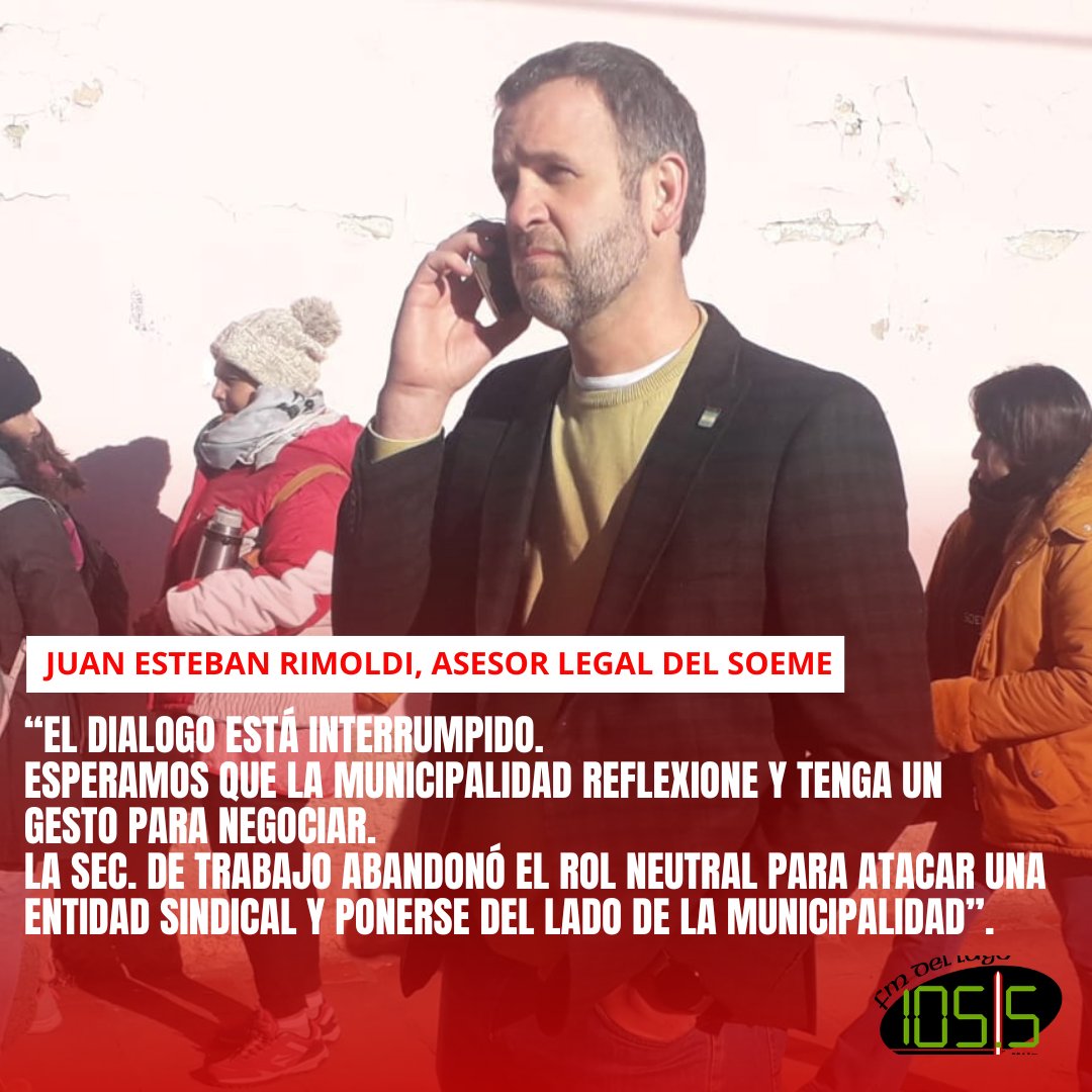 Desde el móvil, el Dr. Juan Esteban Rimoldi, asesor legal del SOEME. Medidas de fuerza del gremio ante la imposibilidad de llegar a un acuerdo salarial con la municipalidad y el fin de la conciliación obligatoria. NOTA COMPLETA EN:youtube.com/watch?v=3zaRdH…