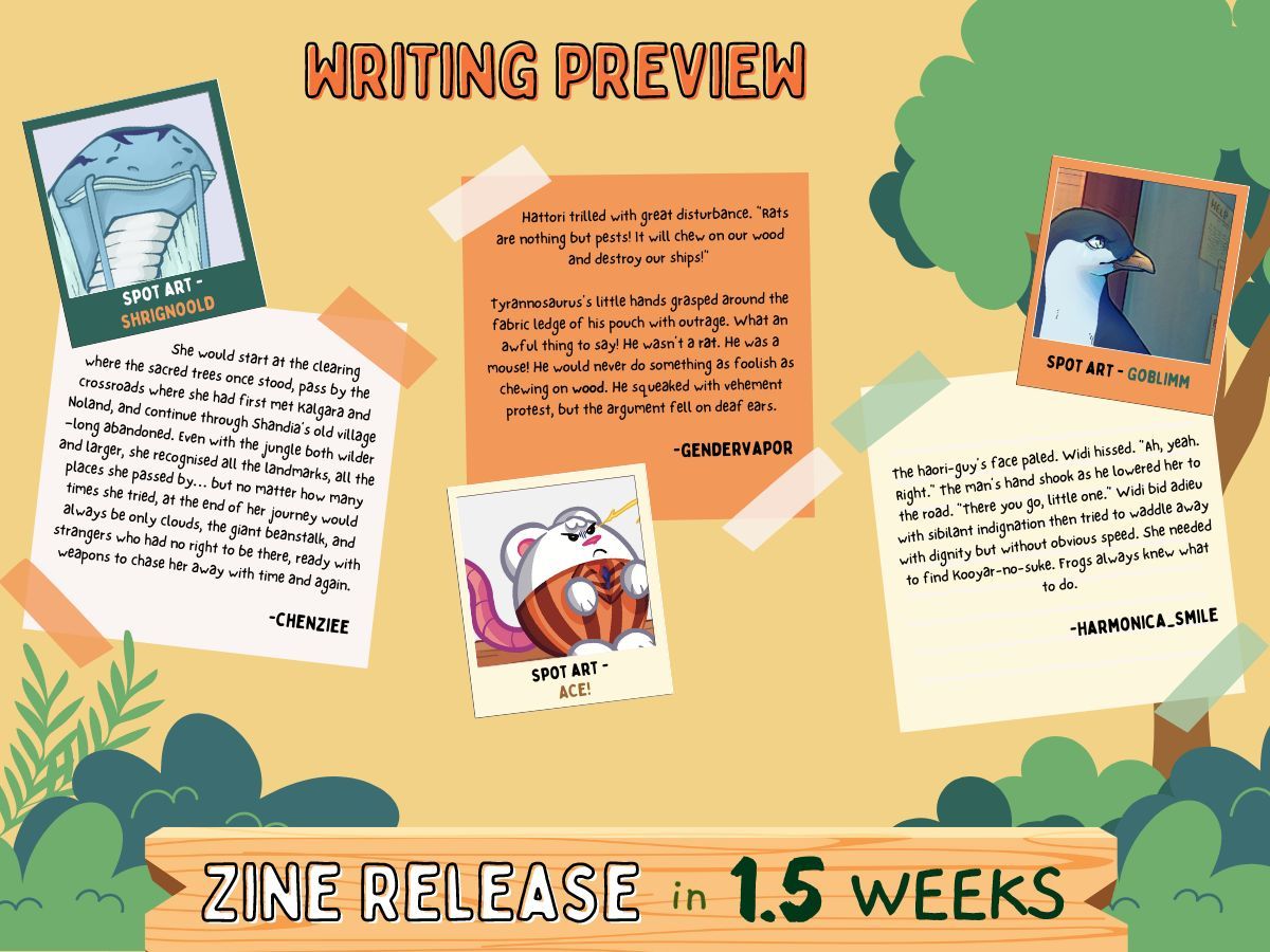 🐾 Zine Release in 1.5 Weeks! 🐾 Our first writing preview!! In order from left to right, please look forward to these amazing fics & vivid spot arts! 📸🛻🧡 Writers: @chenziee1358, gendervapor, @chromaticlamina Spot Artists: shrignoold, @soulzerofever, @goblimm