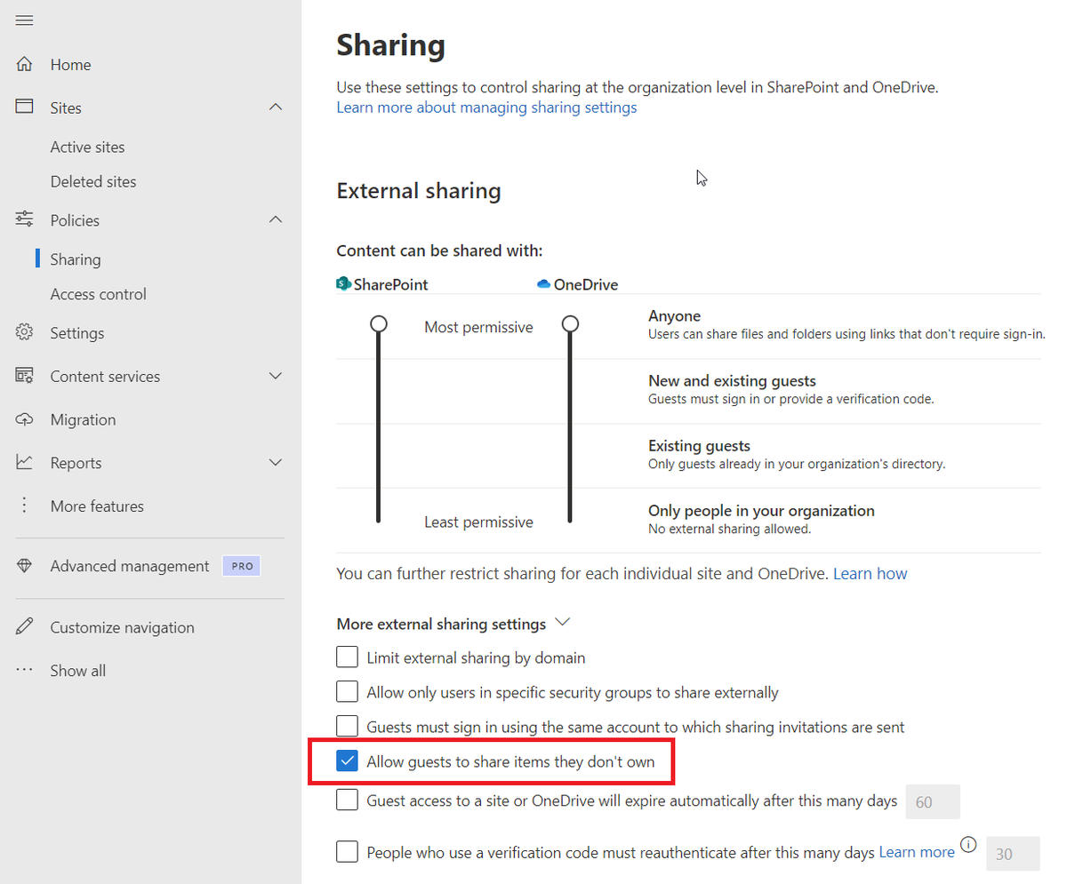 Quite possibly one of the most insane defaults in SharePoint/OneDrive:

Allow guests to share items they don't own 🫠

Bonus points for hiding it under "More external sharing settings" which is not expanded by default...