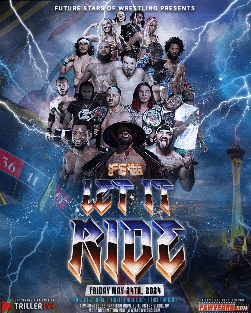 If you're in Las Vegas for #AEW – kick off a huge weekend of wrestling with FSW! FSW Let It Ride This Friday May 24, 7PM PST LIVE on @FiteTV+ FSW Arena – 6035 Harrison Drive, Las Vegas, NV, 89120 (5 mins from Harry Reid Intl Airport) Ticket + Streaming info in the bio!