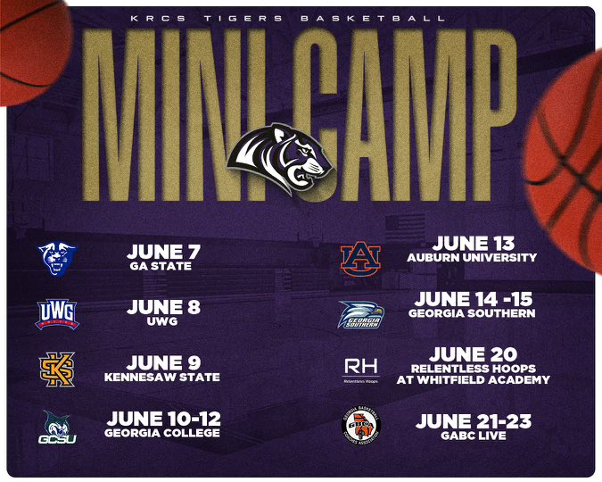 🚨TIGER NATION🚨 Here is the June Schedule for your KRCS MBB team. #faithfirst @GAcoaches @TMarkwith14 @BracketSage @_joshtec @KyleSandy355 @TaiYoungHoops @OntheRadarHoops