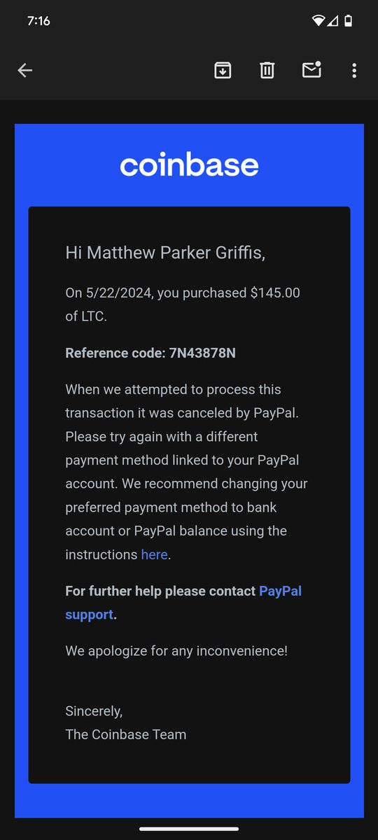 @CoinbaseSupport @AskPayPal Is there a reason you would charge my card and not give the product or service I purchased to the vendor in Coinbase? This is insane. Am I supposed to just file a charge back at this point? The email says you declined it, and the screenshot shows you charged it.