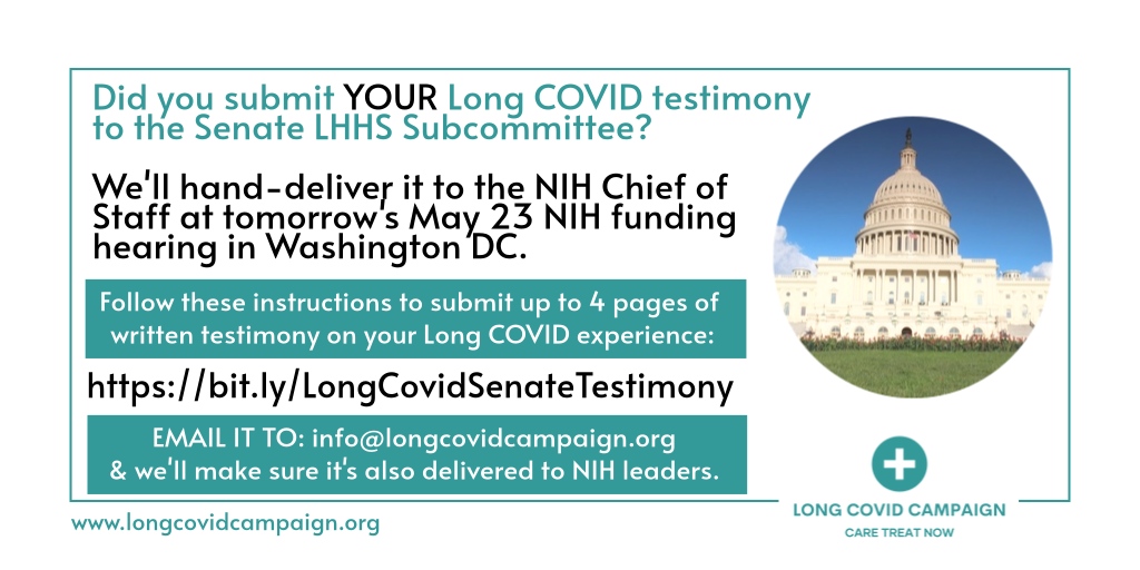 📣#LongCOVID Community Update: @LCCampaign will now hand-deliver YOUR LONG COVID TESTIMONY to @NIH leaders at tomorrow's Senate FY25 #FundLongCOVID LHHS hearing Testimony instructions: bit.ly/LongCovidSenat… Then email your Word or Google doc to: info@longcovidcampaign.org